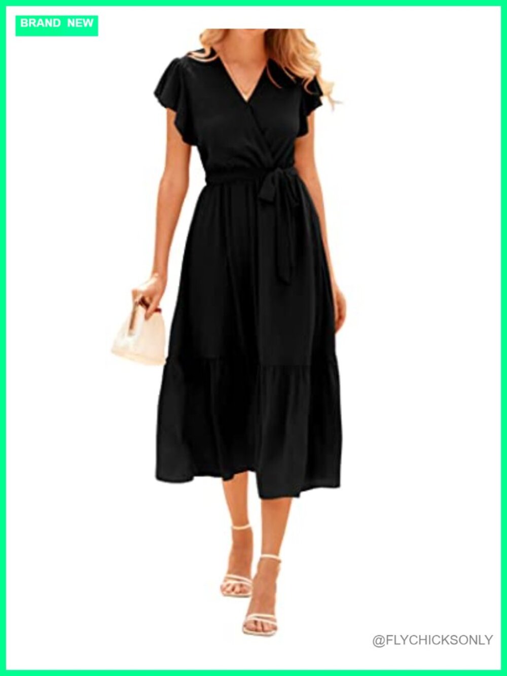 Women Summer Wrap V Neck Ruffle Cap Sleeve Belted Midi Dress